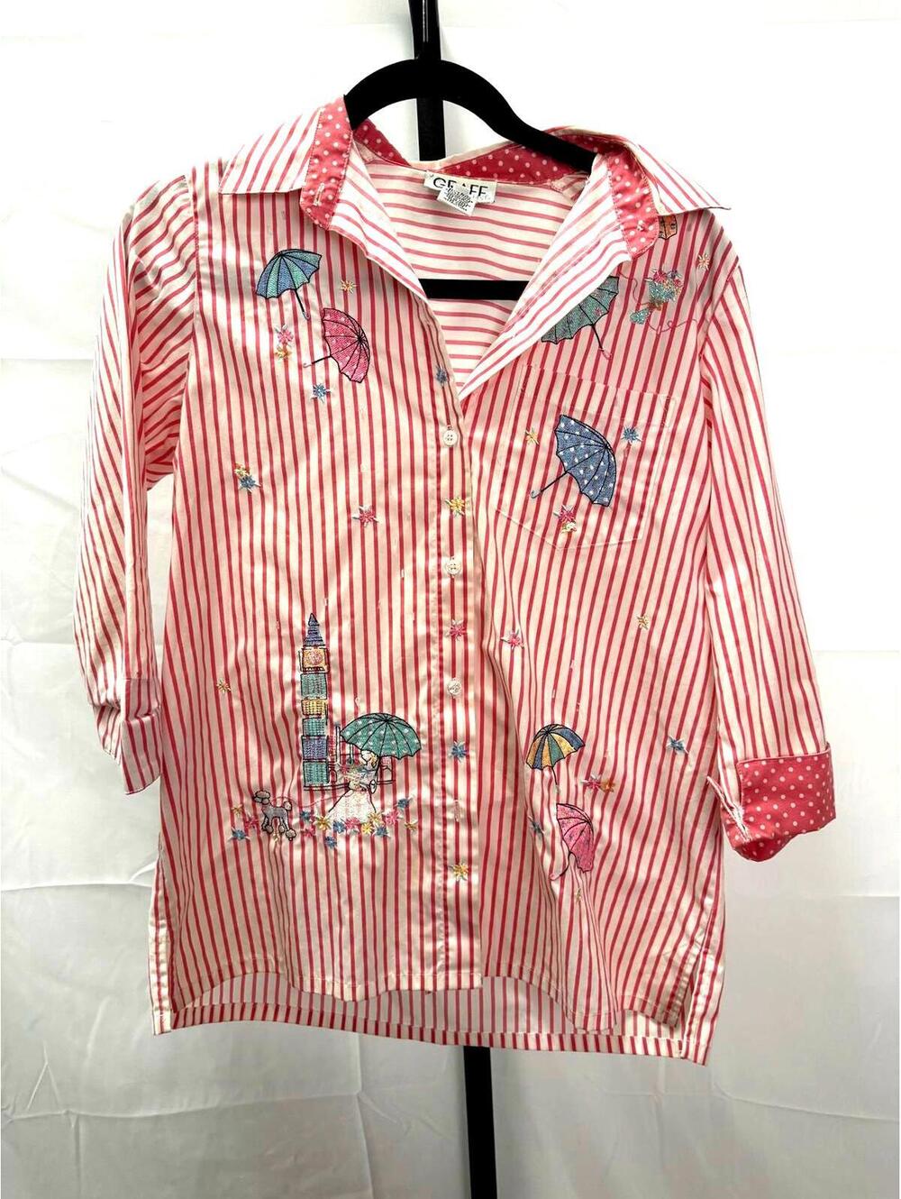 GRAFF Pink Striped Button-Up Blouse with Umbrella Embroidery